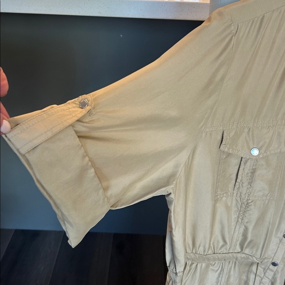 Michael Kors 100% Silk Khaki Shirt Dress Roll Tab Sleeves Size XL - Picture 5 of 13